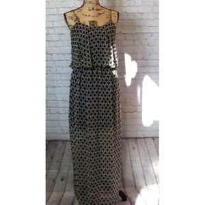 TeenpLo Maxi Dress Black Tan Print Sheer Skirt Spaghetti Straps Cinch Waist Smal